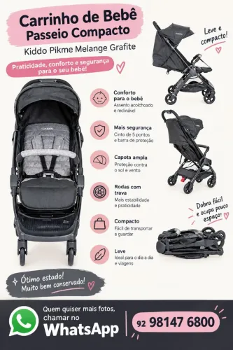 Carrinho de Bebê Kiddo Pikme Compacto Grafite - Muito Conservado!<br>