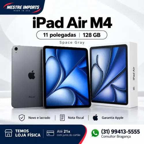 iPad Air M4 com tela de 11 polegadas e 128GB de armazenamento, na cor Space Gray.