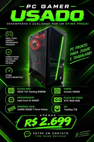 PC Gamer i5 9400F | GTX 1660 6GB | 16GB RAM | 1TB HD - Roda Tudo!