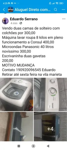 Vendo duas camas solteiros c colchões 300,00. Máquina lavar roupas Consul 8 litros 400,00