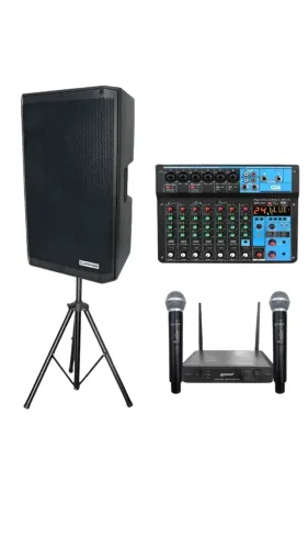 KIT Caixa De Som Ativa Nexus 150x 15 Polegadas Soundvoice C/TRIPE + MESA MXT + MICROFONE