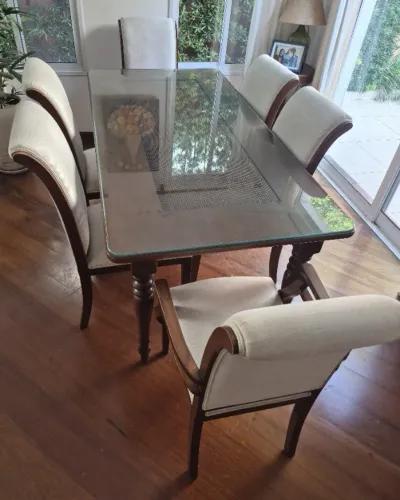 Mesa de Jantar Retangular Sierra Tampo de Vidro Madeira Entalhada 6 Cadeiras