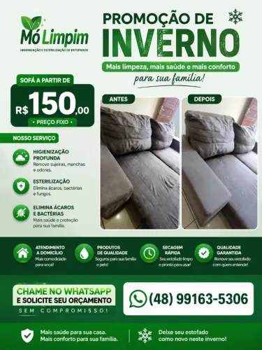 Higienização de estofados e interna de veículos.