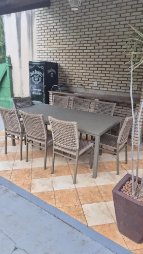 MESA RETANGULAR DE ALUMINIO + 8 CADEIRAS DE CORDA NÁUTICA 