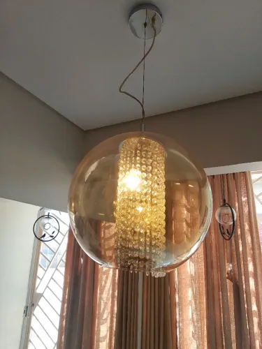 Lustre Moderno Bola Vidro Âmbar com Cristais