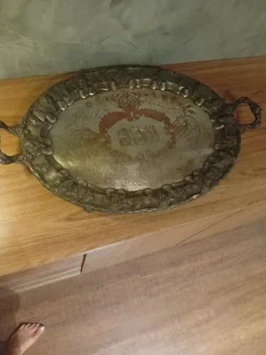 Bandeja Antiga Prateada Grande c/ Alças e Gravuras (60cm)