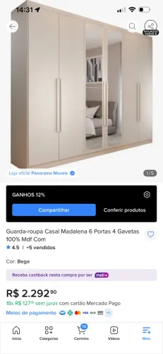 Guarda roupa 6 portas com espelho