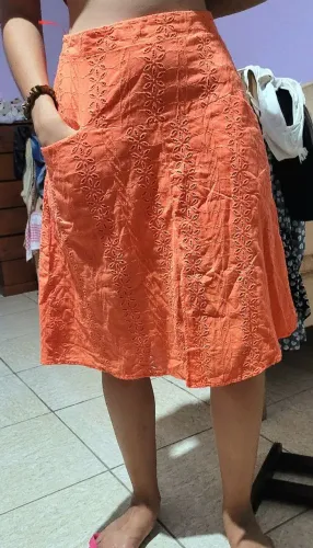 Saia Midi laranja bordado laise de algodão M