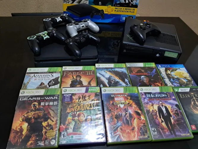 PS4 Slim + 4 Controles + Xbox 360 + 10 Jogos - Leia a descrição