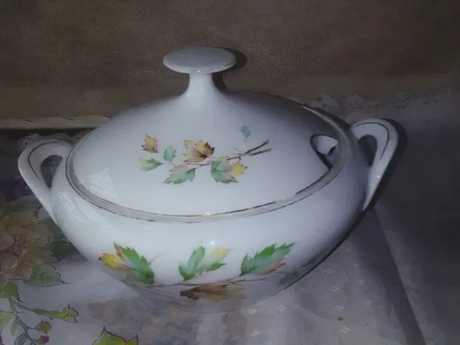 Sopeira marca real porcelana decorada branca pintura de galhos e folhagens