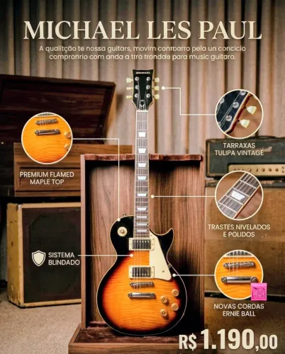 Guitarra Les Paul flamed top Michael 750n headstock antigo