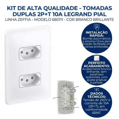 Tomada Legrand Pial Zeffia - Dupla - 2P+T - 10A - Branco - 680111