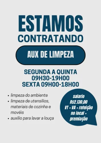 VAGA: AUXILIAR DE LIMPEZA - COZINHA INDUSTRIAL