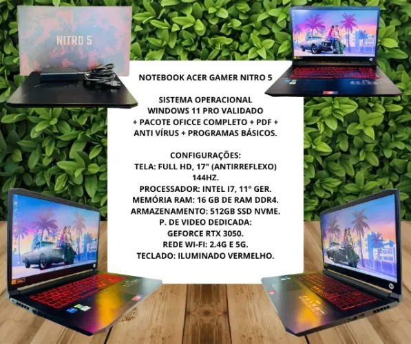 NOTEBOOK ACER NITRO 5 - I7, 11°GER. - 16GB  - 512GB SSD - P.VIDEO(PROMOÇÃO) 