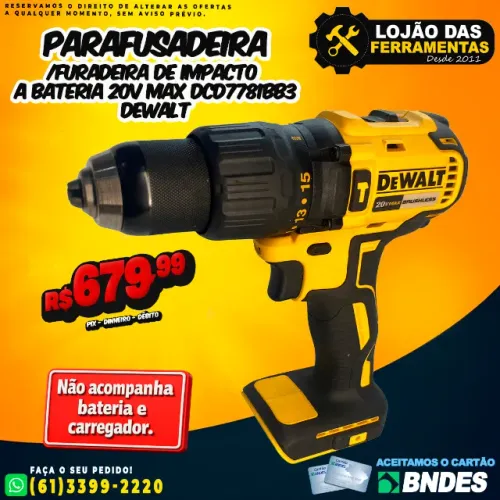 Parafusadeira Furadeira de Impacto a Bateria 20v Max DCD7781BB3 Dewalt