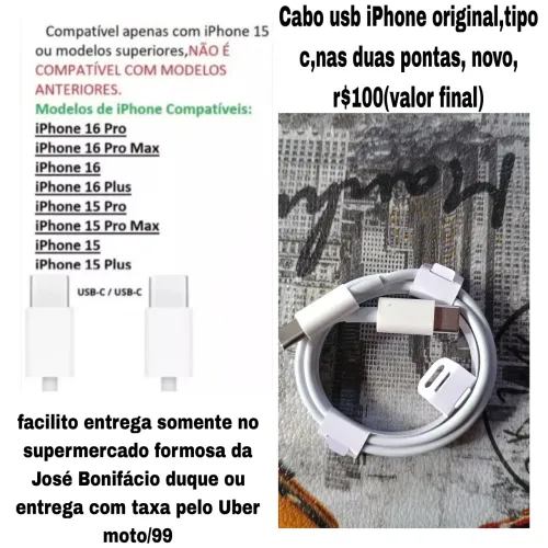 Cabo usb para iPhone original Apple tipo c nas duas pontas turbo novo r$100(valor final)