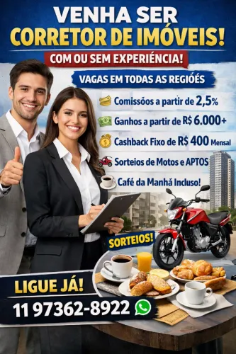 Seja corretor de imóveis e conquiste ganhos altos, comissões a partir de 5.000,00.