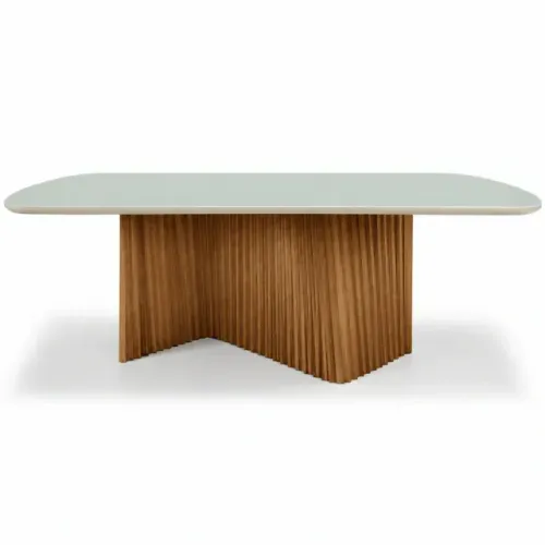 Conjunto de Mesa Lyon com Base Ripada em Madeira Maciça com Cadeiras Âmbar