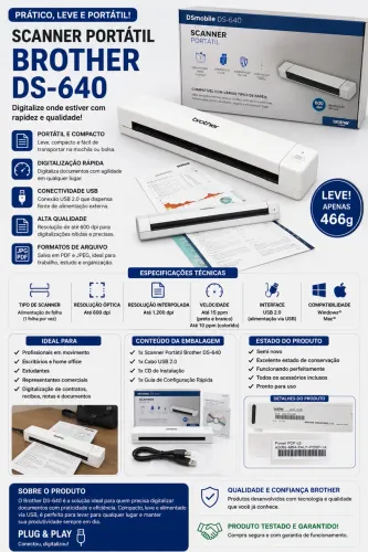 Scanner Portátil Brother DS-640 - Compacto, Rápido e Original | sem uso