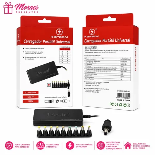 ? Carregador Universal Kapbom para notebook com 9 conectores, bivolt e proteção contra s