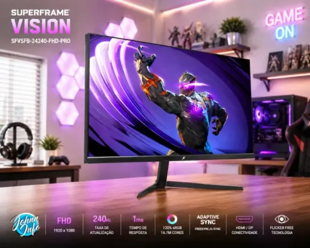 Monitor Gamer SuperFrame Vision 23.8" FHD, 240Hz, Fast IPS, HDR FreeSync/G-Sync HDMI/DP