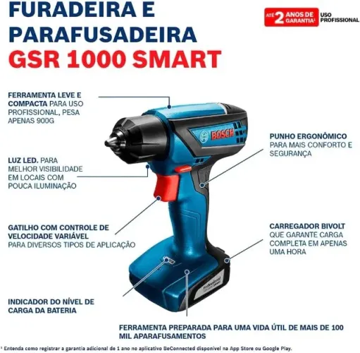 Parafusadeira e Furadeira Bosch GSR_1000 Smart 12V com Cinto para Ferramentas + Garantia