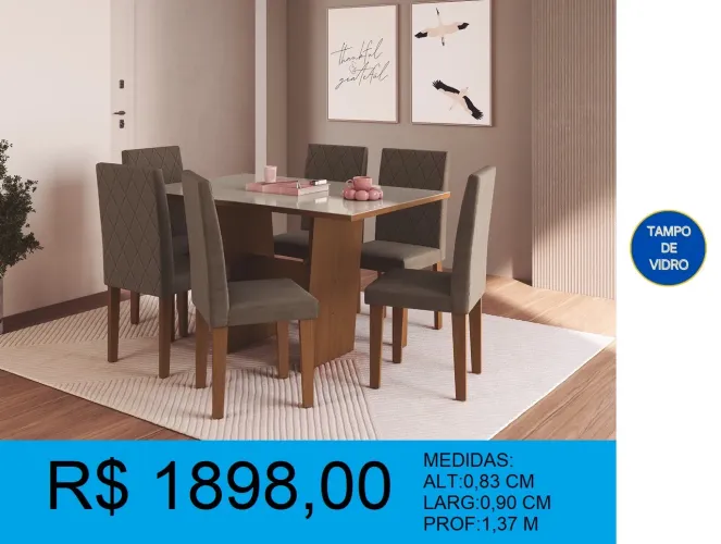 Conjunto Mesa de Jantar com 6 Cadeiras - Tampo de Vidro