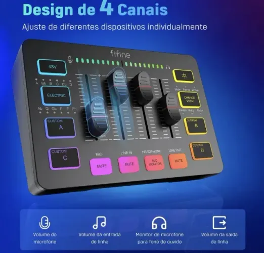 Áudio Mixer Gamer Rgb Ampligame Sc3 Branco 4 Canais Fifine
