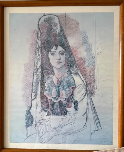 Reprodução artística emoldurada da obra Woman with Blue Veil? (1923), de Pablo Picasso.