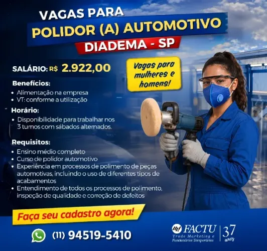 VAGAS PARA POLIDOR (A) AUTOMOTIVO DIADEMA - SP