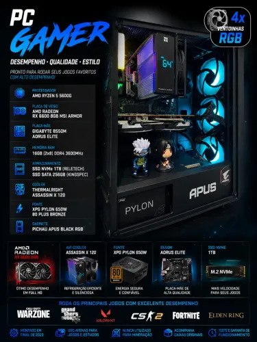 PC Gamer Ryzen 5 RX 6600 8GB 16GB SSD 1TB