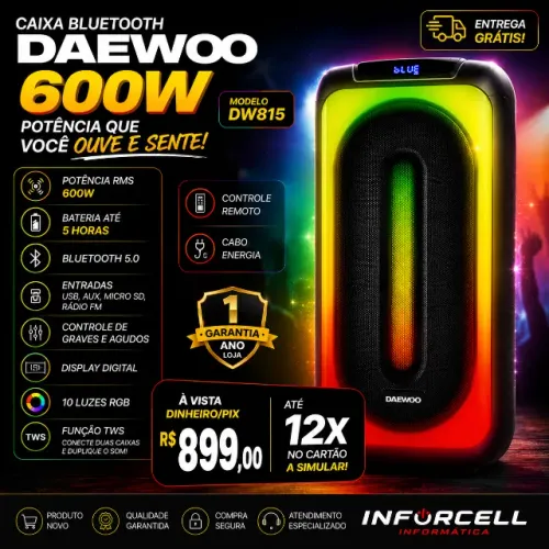 Caixa Bluetooth Daewoo 600w recarregável
