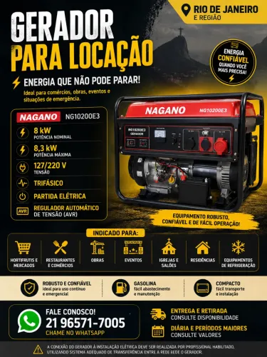 GERADOR 10 KVA / 8 kW PARA LOCAÇÃO ? RJ