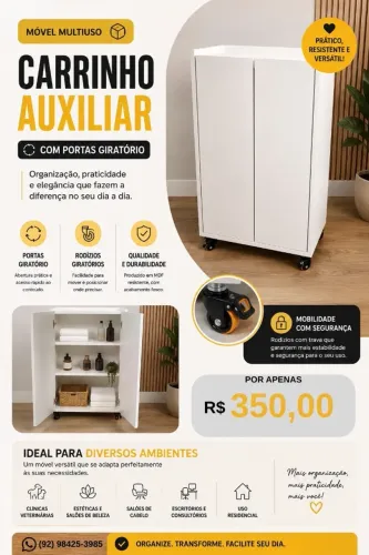 carro auxiliar com rodizio giratório em mdf branco