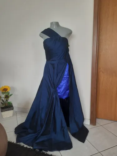 vestido de festa azul longo curto alça única