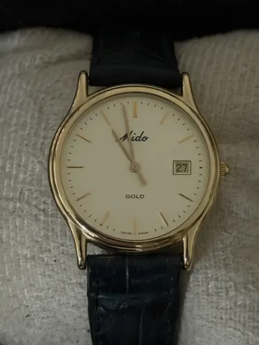 Relógio Mido Gold, caixa dourada, cristal de safira, revisado
