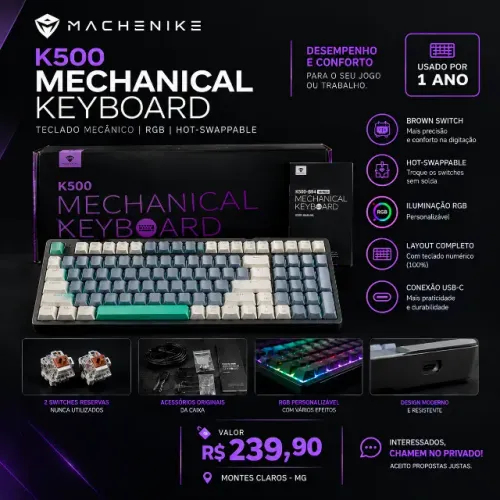 Teclado Mecânico Machenike K500 RGB Brown Switch Hot-Swappable | R$ 239