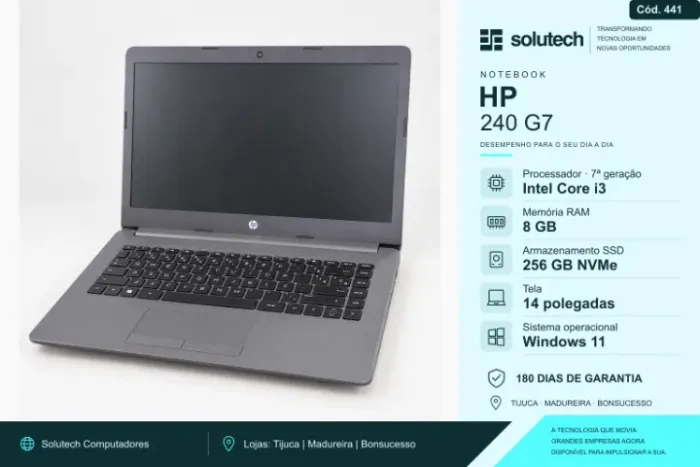 Notebook HP 240 G7 i3 (7ª) | 8GB RAM | SSD 256GB | Tela 14" | Windows 11 - Garantia