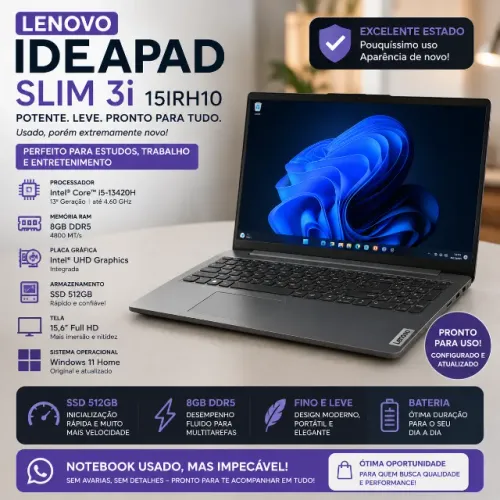 Lenovo IdeaPad Slim 3 15IRH10, Core i5-13420H, 8 GB DDR5 e SSD 512 GB.