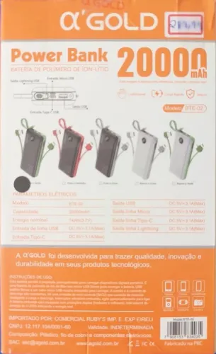 Carregador portátil Power Bank 20000mah Bte-02 3.1a Com Visor para qualquer celular smart