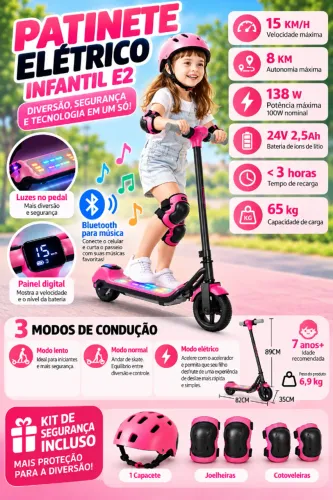 PATINETE ELÉTRICO INFANTIL ROSA - ATÉ 15 KM/H COM BLUETOOTH 3 VELOCIDADE PRONTA ENTREGA