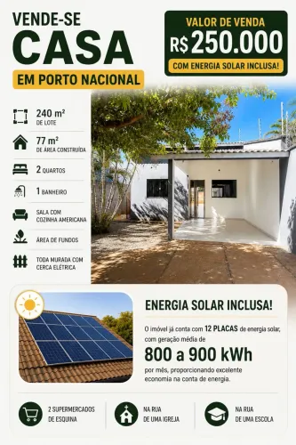 Casa 2 Quartos com Energia Solar e Garagem Coberta - Porto Nacional