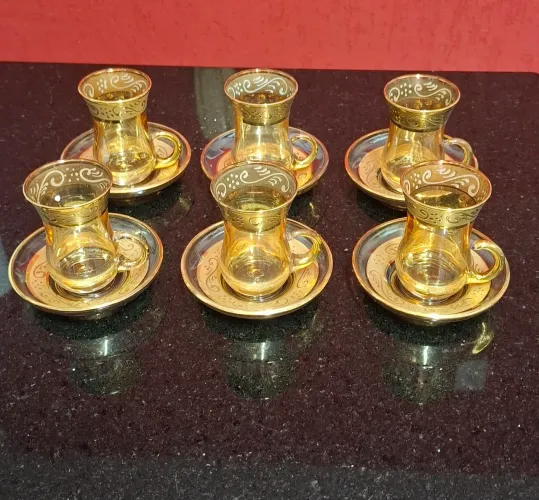 Conjunto de Chá Turco Luxo ?k Cam 12 Peças - Vidro E Ouro