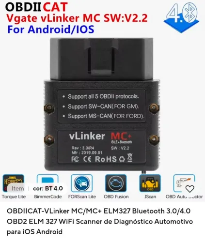 Scanner profissional VGate MC+ Bluetooth, Wi-Fi