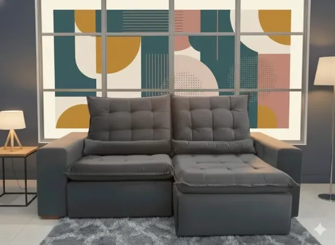 Sofá Londres 2,52m Cinza Retrátil - Pillow 10cm + Almofadas Macarrão