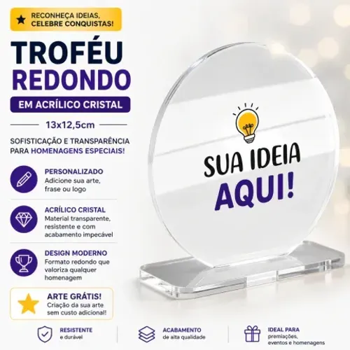 Troféu Personalizado em Acrílico Cristal Redondo 13x12,5cm