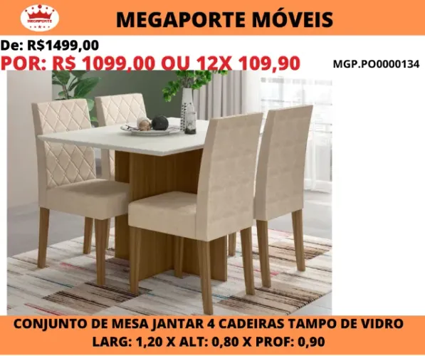 Conjunto de Mesa Helo Tampo de Vidro com 4 Cadeiras