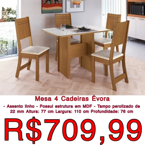 Mesa jantar Évora com 4 cadeiras / frete grátis / pague na entrega 