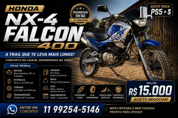 Honda Falcon NX-4 400 2006 | Doc OK | Aceito PS5 + Volta | R$ 15.000
