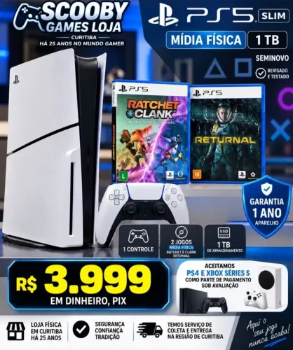 PS5 SLIM MÍDIA FÍSICA 1 TB SEMINOVO,2 JOGOS, GARANTIA 1 ANO, LOJA